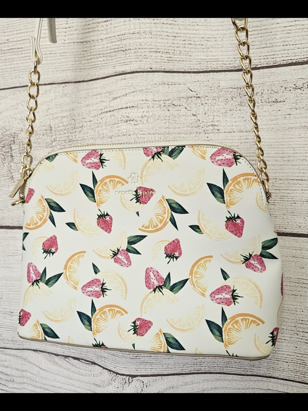 Nanette Lepore Strawberry & Citrus Print Crossbody Bag with Gold Chain